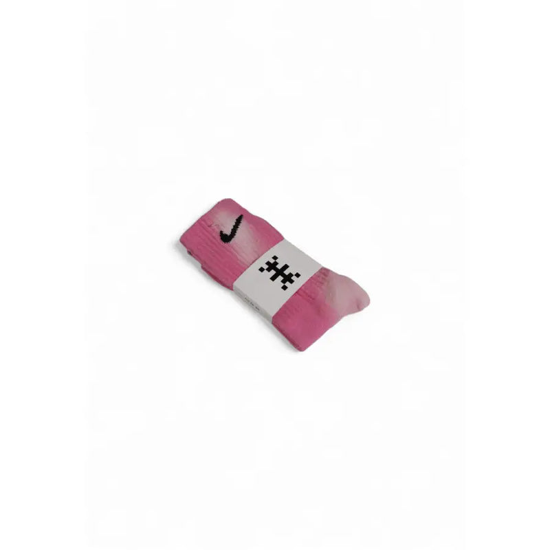 Nike men’s pink cotton socks with black swoosh and pixelated logo on white band gradient design