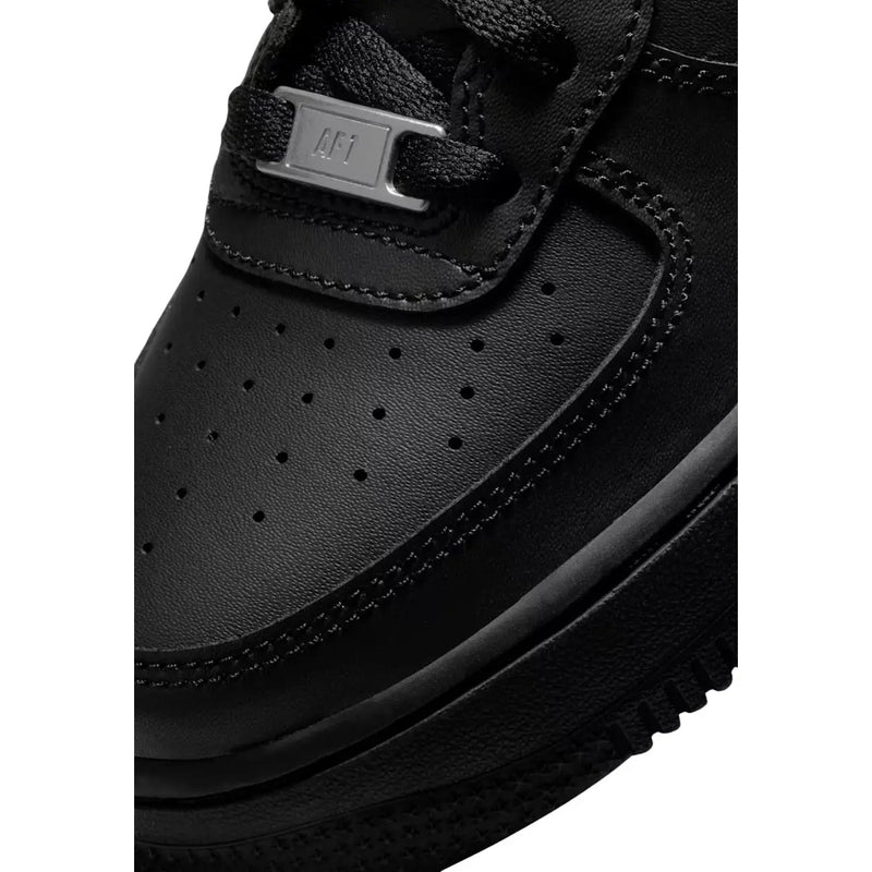 Nike women black leather air force 1 sneakers with sleek leather upper perforated toe box and metallic silver af logo plate