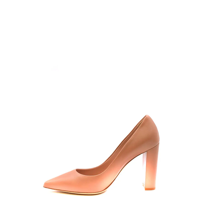 A sleek peach-colored patent leather block heel pump for women by Ninalilou