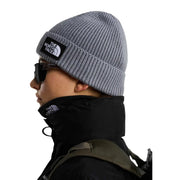 The North Face beanie TNF logo box for men in gray ribbed knit with black logo patch, front view