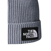 The North Face beanie TNF logo box for men in gray ribbed knit with black embroidered logo patch, front view