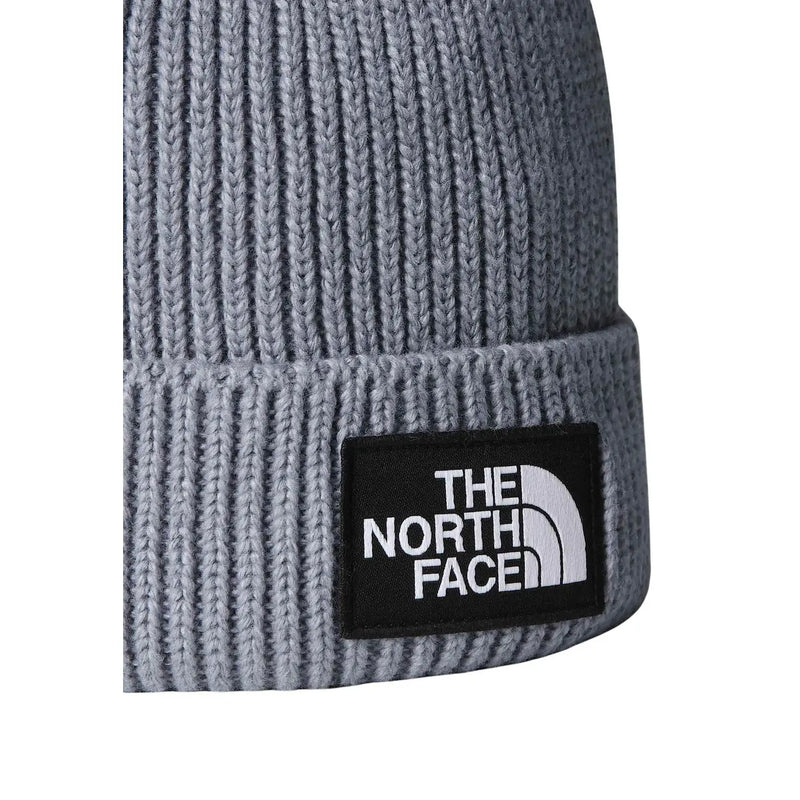 The North Face beanie TNF logo box for men in gray ribbed knit with black embroidered logo patch, front view