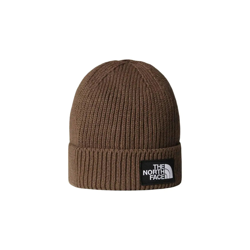 The North Face beanie TNF LOGO BOX for men in brown ribbed knit with black logo patch, front view