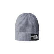 The North Face beanie TNF LOGO BOX for men in gray ribbed knit with black logo patch on folded cuff front view