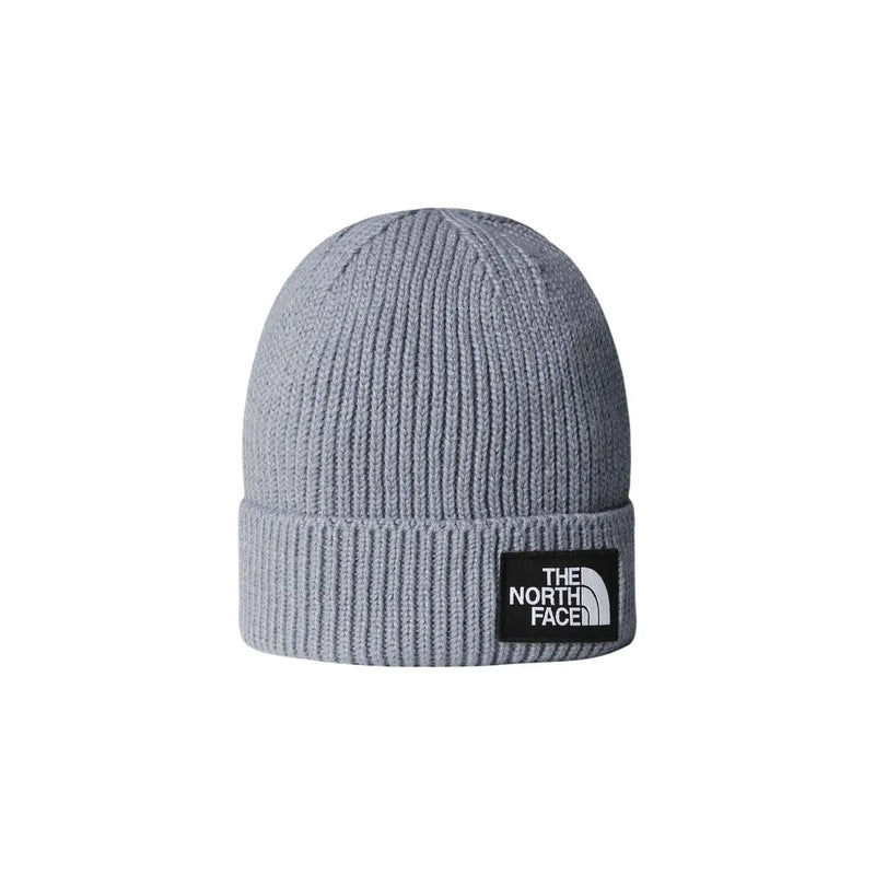 The North Face beanie TNF LOGO BOX for men in gray ribbed knit with black logo patch on folded cuff front view