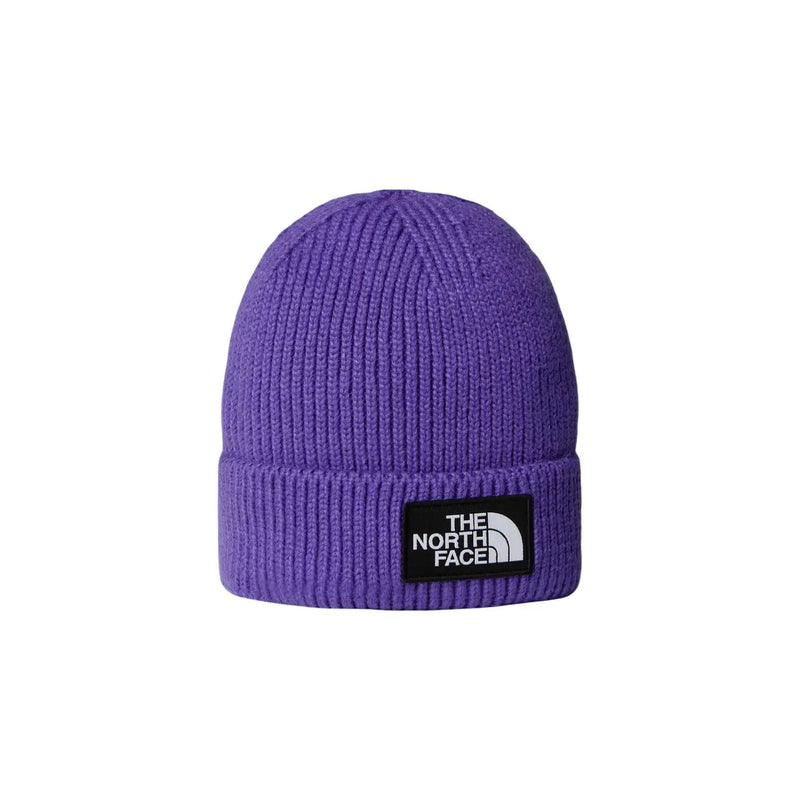The North Face beanie TNF LOGO BOX for unisex in purple ribbed knit with black logo patch, front view