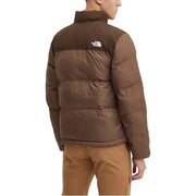 Brown puffer jacket with high collar and the north face logo on the back.