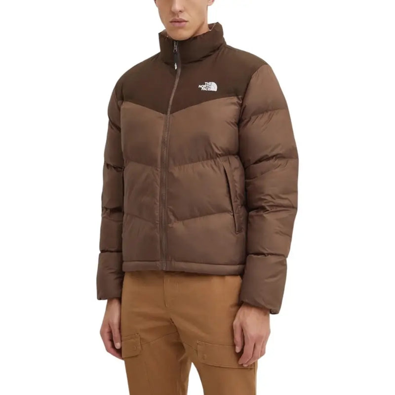 Brown down jacket with black accents and the north face logo.