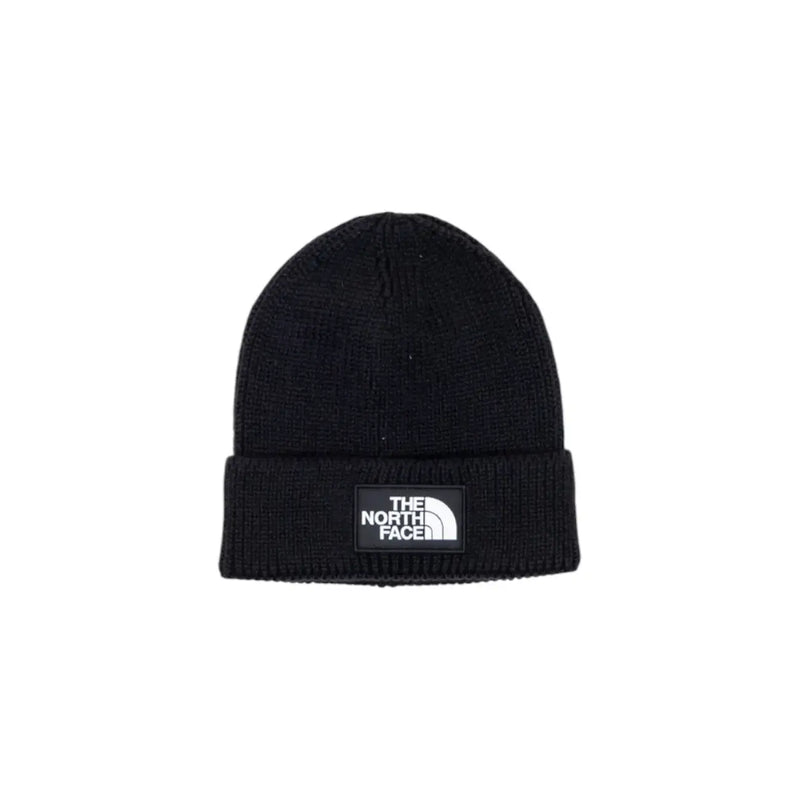 The North Face Herren-Mütze aus schwarzem Strickstoff mit umgeschlagenem Rand und weißem Logo-Patch, Vorderansicht