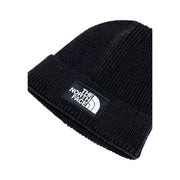 Schwarze, gerippte Strickmütze von The North Face für Herren mit weißem, gesticktem Logo-Patch auf dem umgeschlagenen Schirm (Vorderansicht).