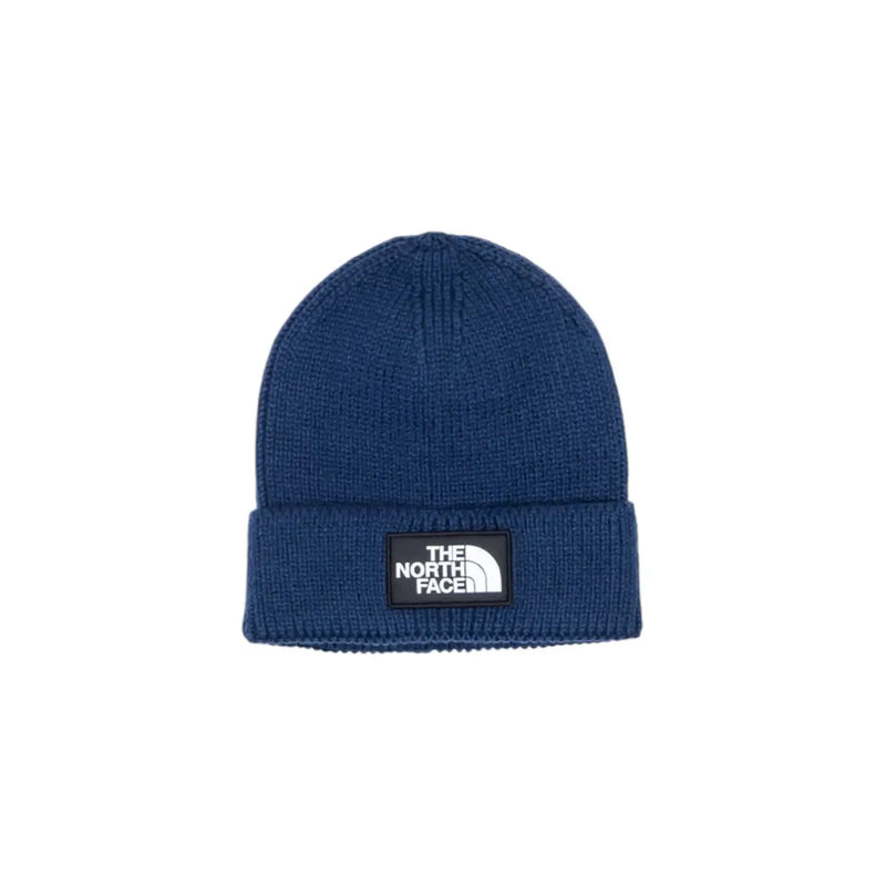 The North Face cap deep blue knitted beanie for men with black rectangular logo patch, front view