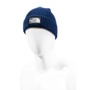 The North Face cap ribbed knit beanie for men in navy blue with black logo patch, front view