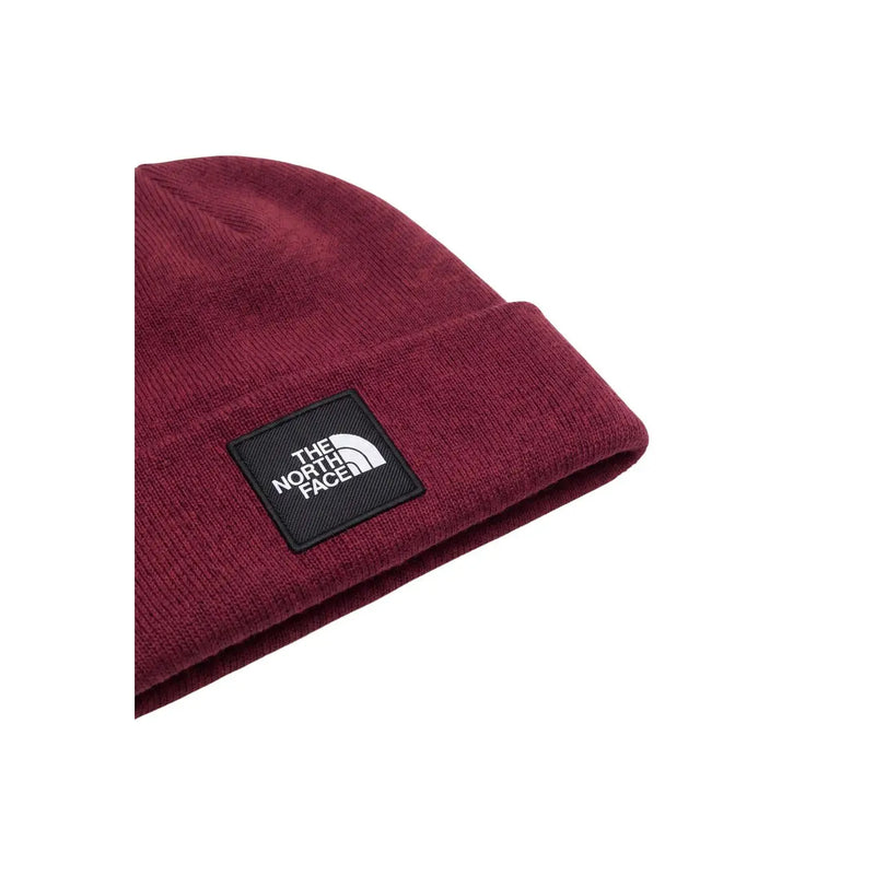 The North Face Dock Worker Kappe für Herren aus bordeauxrotem Strick mit schwarzem Logo-Patch, Vorderansicht
