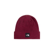 The North Face Dock Worker Cap für Herren aus bordeauxrotem Strick mit umgeschlagenem Bündchen und schwarzem Logo-Patch, Vorderansicht