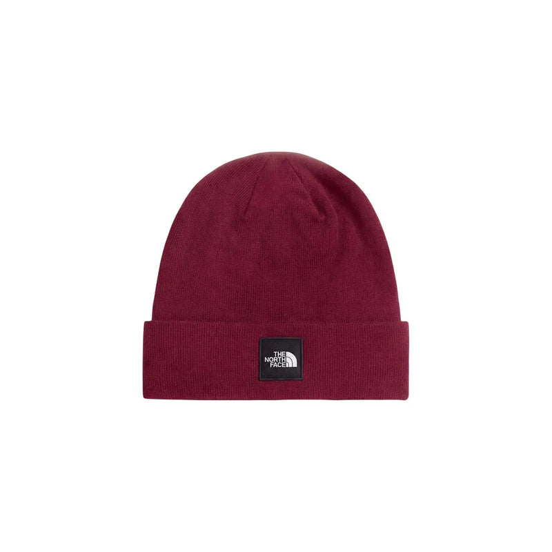 The North Face Dock Worker Cap für Herren aus bordeauxrotem Strick mit umgeschlagenem Bündchen und schwarzem Logo-Patch, Vorderansicht
