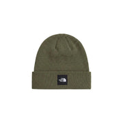 The North Face Beanie Dock Worker für Herren aus olivgrünem Strickstoff mit umgeschlagenem Bündchen und schwarzem Logo-Patch, Vorderansicht