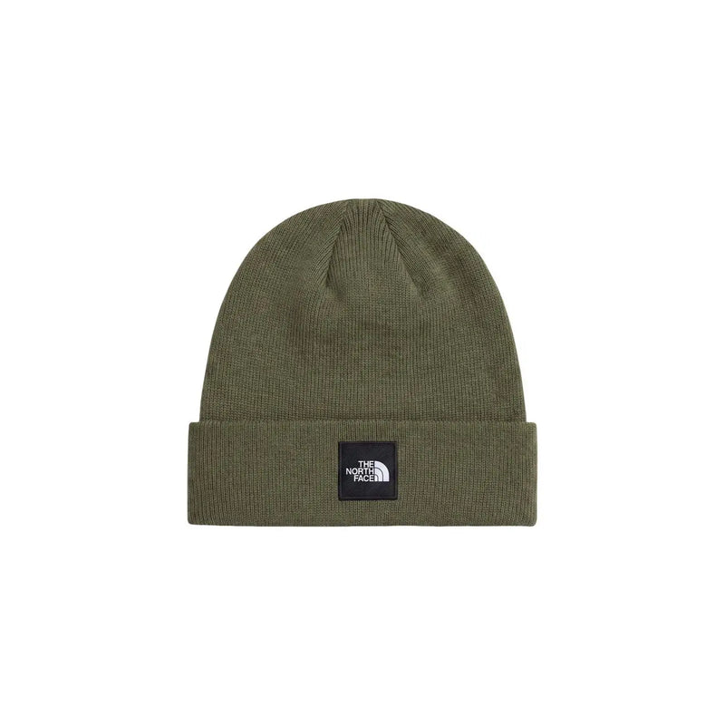 The North Face Beanie Dock Worker für Herren aus olivgrünem Strickstoff mit umgeschlagenem Bündchen und schwarzem Logo-Patch, Vorderansicht