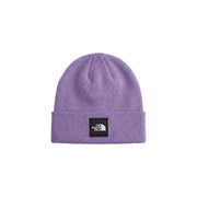 The North Face Dock Worker Cap für Herren aus lila Strick mit schwarzem Logo-Patch am umgeschlagenen Bündchen, Vorderansicht