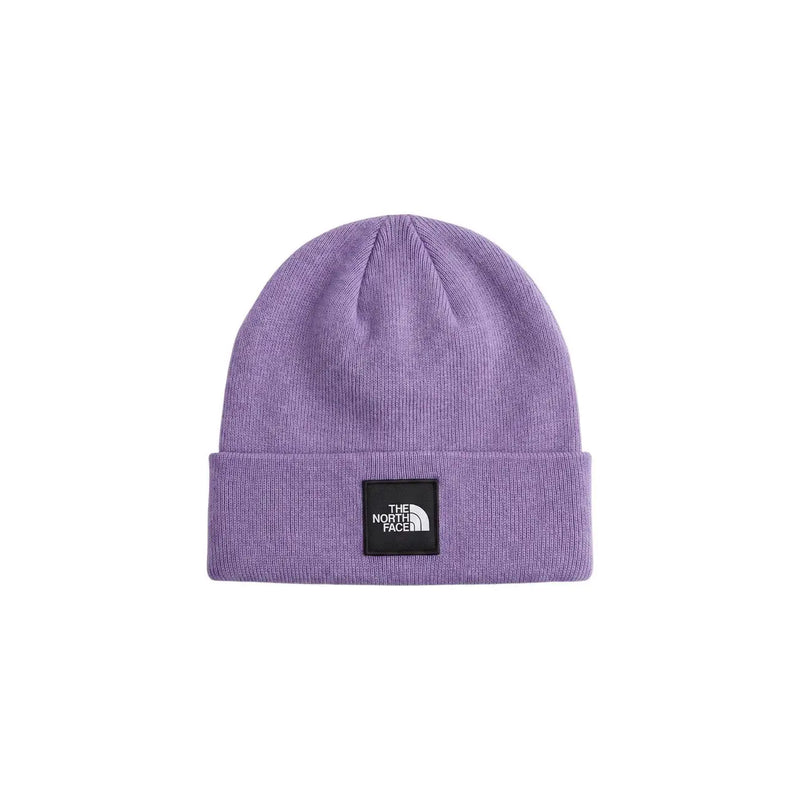 The North Face Dock Worker Cap für Herren aus lila Strick mit schwarzem Logo-Patch am umgeschlagenen Bündchen, Vorderansicht