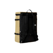 The North Face men beige print rucksack with sturdy tan and black design featuring adjustable straps and reinforced zippers