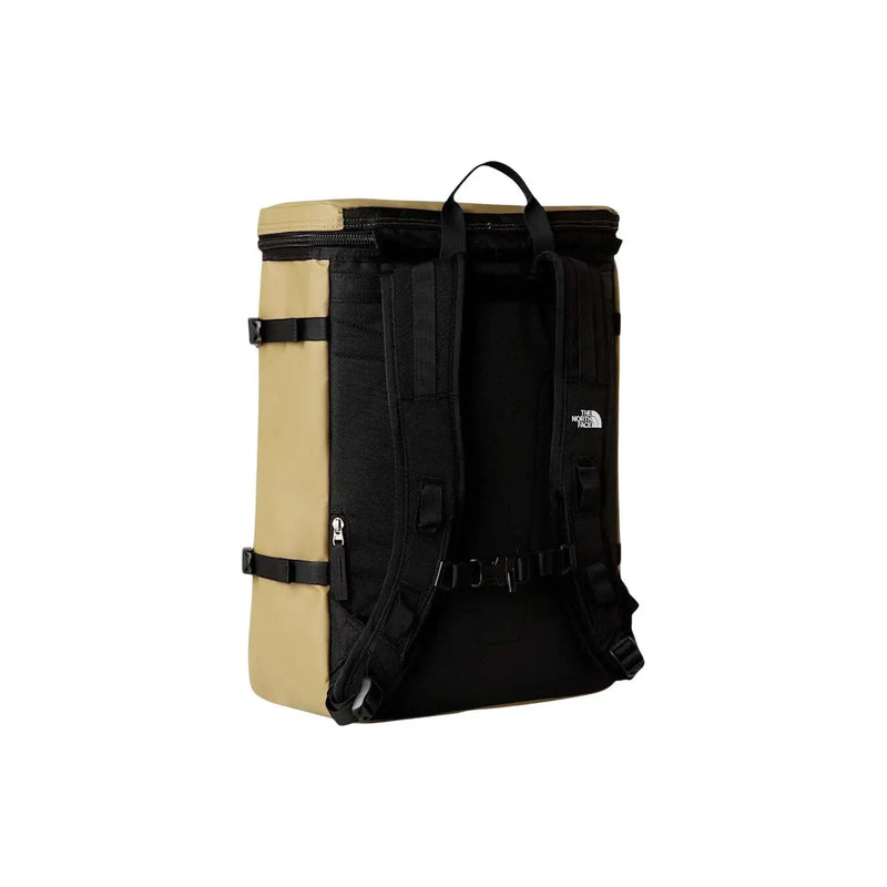 The North Face men beige print rucksack with sturdy tan and black design featuring adjustable straps and reinforced zippers