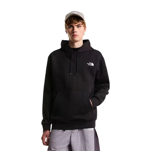 The North Face Herren-Hoodie aus schwarzem Baumwollfleece mit weißem Logo auf der Brust und passenden Kordelzügen