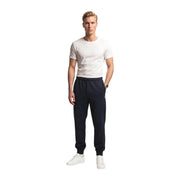 The north face men black cotton fleece jogger trousers in navy blue with elastic waistband and ribbed cuffs