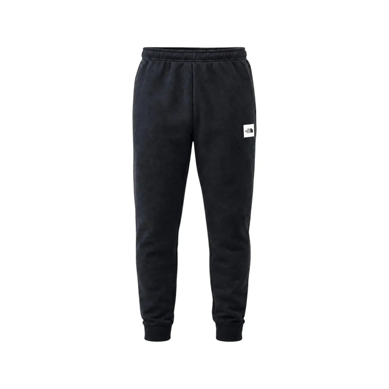 The North Face men black cotton fleece joggers with a white logo patch on the left thigh