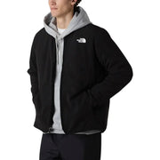 The North Face Herrenblazer, schwarz, lange Nylonjacke mit Reißverschluss, grauem Innenfutter und weißem Logo auf der Brust