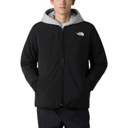Der schwarze, lange Nylonblazer von The North Face für Herren mit Reißverschluss verfügt über eine schwarze Kapuze mit grauem Innenfutter und ein Logo auf der Brust.