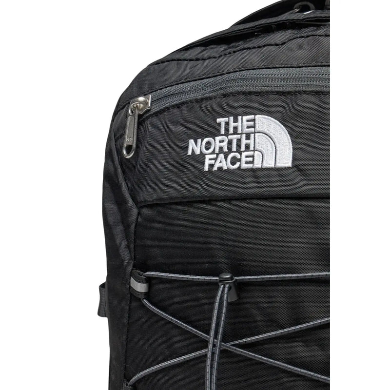The north face men borealis classic black nylon backpack with white embroidered logo and gray zipper pulls