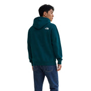 Dunkelblauer The North Face Herren-Baumwoll-Hoodie, der die Rückseite mit einem weißen Logo im oberen Rückenbereich zeigt.