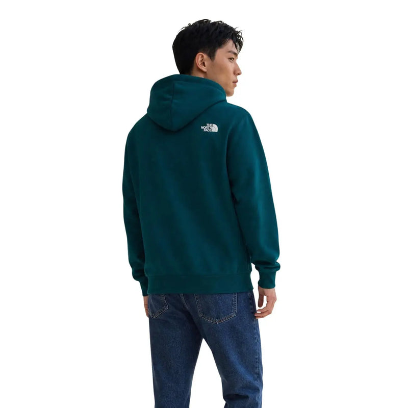 Dunkelblauer The North Face Herren-Baumwoll-Hoodie, der die Rückseite mit einem weißen Logo im oberen Rückenbereich zeigt.