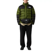 Green and black puffer jacket with a classic north face logo on the chest.