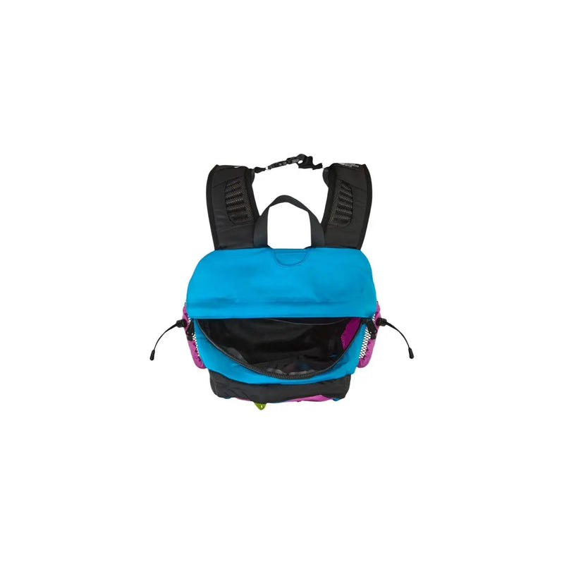 The north face men hot shot se purple nylon rucksack with vibrant turquoise and purple colors and black mesh shoulder straps