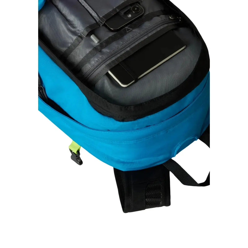 The North Face men Hot Shot SE blue and black nylon rucksack with neon green zipper pulls and durable fabric