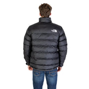 The back side of a black north face men jacket with horizontal stitching white logo polyester long turtleneck