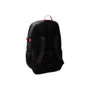 Black the north face men rucksack with grey nylon pockets and orange accents on top handle and side buckle