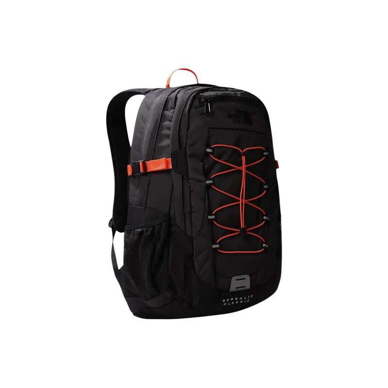Black the north face portals classic backpack with orange accent straps mesh side pocket grey nylon rucksack 34x48x19
