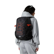 Black the north face men rucksack with orange lacing grey nylon pockets 34x48x19 shown from back side