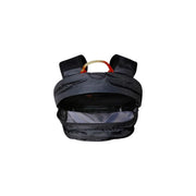 The north face men rucksack grey nylon backpack with black material and orange yellow handle in front view