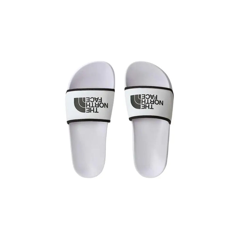 White the north face men slippers with black logo print trim made of polyester for casual wear