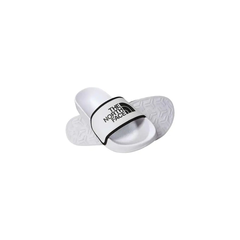 The north face men slippers white logo print polyester slide sandal with black logo and textured sole
