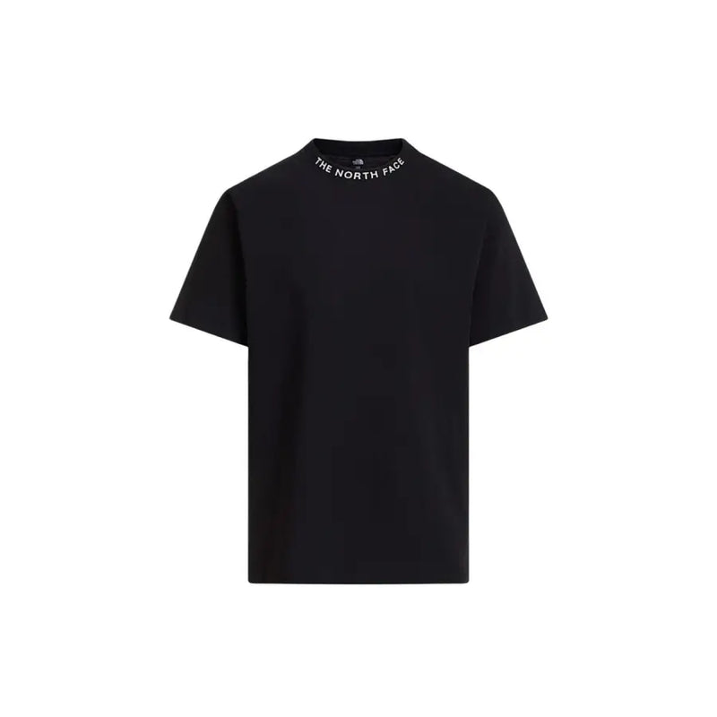 The north face men black short-sleeved t-shirt with white embroidered logo along the collar