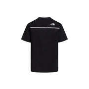 The back side of a black The North Face men short-sleeved t-shirt with white logo and repeating text band