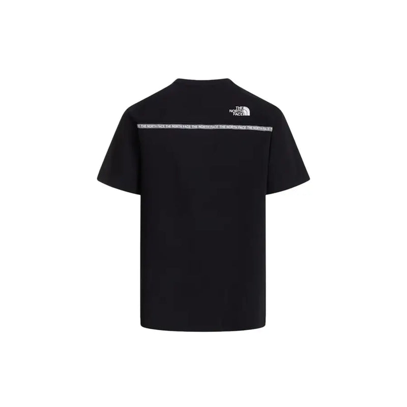 The back side of a black The North Face men short-sleeved t-shirt with white logo and repeating text band