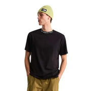 Black short-sleeved The North Face men t-shirt with branding around the collar worn by a model