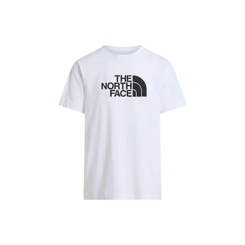 White the north face men t-shirt featuring bold black logo across chest, suitable for casual wear