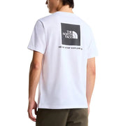 White short-sleeved cotton t-shirt featuring a black square logo with the north face and never stop exploring slogan