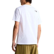 The back side of a white short-sleeved cotton t-shirt for men by The North Face with a small black logo